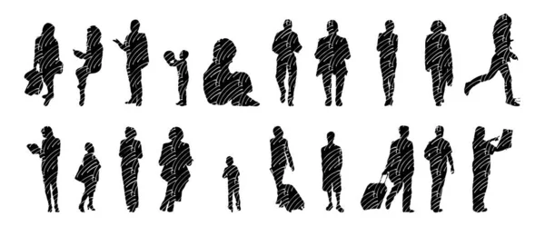 Vektor Silhouetten Umrisse Von Menschen Konturzeichnung Menschen Silhouette Icon Set — Stockvektor