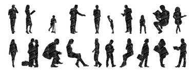 Vektör siluetleri, insanların ana hatları, Contour çizimleri, insanların siluetleri, ikon kümesi izole edilmiş, oturan insanların silueti, mimari set