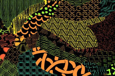 Soyut siyah konturlar, el vektör desen çizdi. Geometrik tarzı Retro soyut desen. Soyut çok renkli geometrik desen.