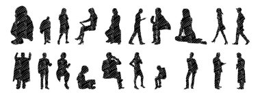 Vektör siluetleri, insanların ana hatları, Contour çizimleri, insanların siluetleri, ikon kümesi izole edilmiş, oturan insanların silueti, mimari set
