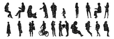 Vektör siluetleri, insanların ana hatları, Contour çizimleri, insanların siluetleri, ikon kümesi izole edilmiş, oturan insanların silueti, mimari set