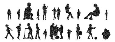 Vektör siluetleri, insanların ana hatları, Contour çizimleri, insanların siluetleri, ikon kümesi izole edilmiş, oturan insanların silueti, mimari set