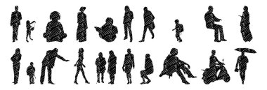 Vektör siluetleri, insanların ana hatları, Contour çizimleri, insanların siluetleri, ikon kümesi izole edilmiş, oturan insanların silueti, mimari set