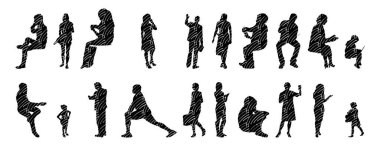 Vektör siluetleri, insanların ana hatları, Contour çizimleri, insanların siluetleri, ikon kümesi izole edilmiş, oturan insanların silueti, mimari set
