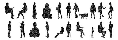 Vektör siluetleri, insanların ana hatları, Contour çizimleri, insanların siluetleri, ikon kümesi izole edilmiş, oturan insanların silueti, mimari set