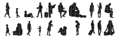 Vektör siluetleri, insanların ana hatları, Contour çizimleri, insanların siluetleri, ikon kümesi izole edilmiş, oturan insanların silueti, mimari set