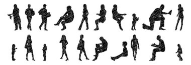 Vektör siluetleri, insanların ana hatları, Contour çizimleri, insanların siluetleri, ikon kümesi izole edilmiş, oturan insanların silueti, mimari set