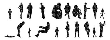 Vektör siluetleri, insanların ana hatları, Contour çizimleri, insanların siluetleri, ikon kümesi izole edilmiş, oturan insanların silueti, mimari set