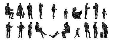 Vektör siluetleri, insanların ana hatları, Contour çizimleri, insanların siluetleri, ikon kümesi izole edilmiş, oturan insanların silueti, mimari set