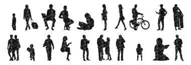 Vektör siluetleri, insanların ana hatları, Contour çizimleri, insanların siluetleri, ikon kümesi izole edilmiş, oturan insanların silueti, mimari set