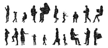 Vektör siluetleri, insanların ana hatları, Contour çizimleri, insanların siluetleri, ikon kümesi izole edilmiş, oturan insanların silueti, mimari set