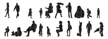 Vektör siluetleri, insanların ana hatları, Contour çizimleri, insanların siluetleri, ikon kümesi izole edilmiş, oturan insanların silueti, mimari set