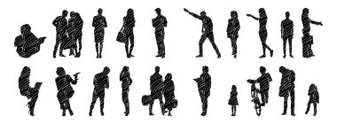 Vektör siluetleri, insanların ana hatları, Contour çizimleri, insanların siluetleri, ikon kümesi izole edilmiş, oturan insanların silueti, mimari set