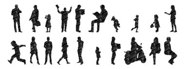 Vektör siluetleri, insanların ana hatları, Contour çizimleri, insanların siluetleri, ikon kümesi izole edilmiş, oturan insanların silueti, mimari set