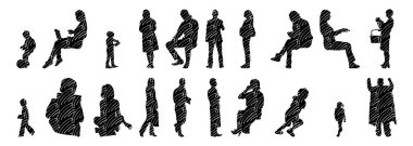 Vektör siluetleri, insanların ana hatları, Contour çizimleri, insanların siluetleri, ikon kümesi izole edilmiş, oturan insanların silueti, mimari set