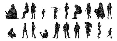 Vektör siluetleri, insanların ana hatları, Contour çizimleri, insanların siluetleri, ikon kümesi izole edilmiş, oturan insanların silueti, mimari set