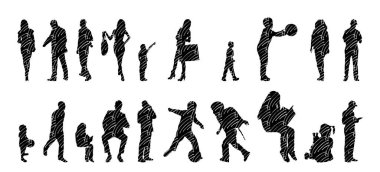 Vektör siluetleri, insanların ana hatları, Contour çizimleri, insanların siluetleri, ikon kümesi izole edilmiş, oturan insanların silueti, mimari set