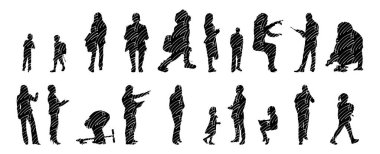 Vektör siluetleri, insanların ana hatları, Contour çizimleri, insanların siluetleri, ikon kümesi izole edilmiş, oturan insanların silueti, mimari set