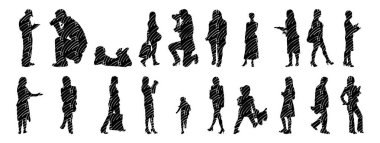 Vektör siluetleri, insanların ana hatları, Contour çizimleri, insanların siluetleri, ikon kümesi izole edilmiş, oturan insanların silueti, mimari set