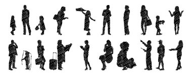 Vektör siluetleri, insanların ana hatları, Contour çizimleri, insanların siluetleri, ikon kümesi izole edilmiş, oturan insanların silueti, mimari set