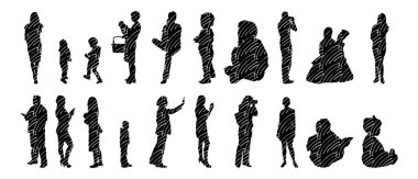 Vektör siluetleri, insanların ana hatları, Contour çizimleri, insanların siluetleri, ikon kümesi izole edilmiş, oturan insanların silueti, mimari set