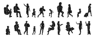 Vektör siluetleri, insanların ana hatları, Contour çizimleri, insanların siluetleri, ikon kümesi izole edilmiş, oturan insanların silueti, mimari set