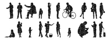 Vektör siluetleri, insanların ana hatları, Contour çizimleri, insanların siluetleri, ikon kümesi izole edilmiş, oturan insanların silueti, mimari set