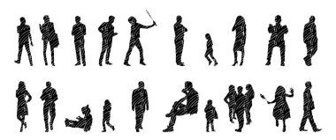 Vektör siluetleri, insanların ana hatları, Contour çizimleri, insanların siluetleri, ikon kümesi izole edilmiş, oturan insanların silueti, mimari set