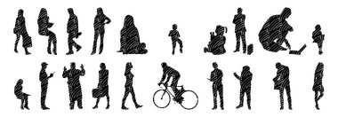 Vektör siluetleri, insanların ana hatları, Contour çizimleri, insanların siluetleri, ikon kümesi izole edilmiş, oturan insanların silueti, mimari set