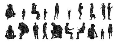 Vektör siluetleri, insanların ana hatları, Contour çizimleri, insanların siluetleri, ikon kümesi izole edilmiş, oturan insanların silueti, mimari set