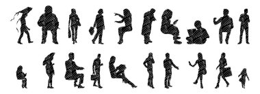 Vektör siluetleri, insanların ana hatları, Contour çizimleri, insanların siluetleri, ikon kümesi izole edilmiş, oturan insanların silueti, mimari set