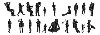 Vektör siluetleri, insanların ana hatları, Contour çizimleri, insanların siluetleri, ikon kümesi izole edilmiş, oturan insanların silueti, mimari set