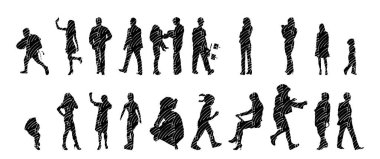 Vektör siluetleri, insanların ana hatları, Contour çizimleri, insanların siluetleri, ikon kümesi izole edilmiş, oturan insanların silueti, mimari set