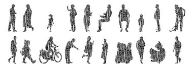 Vektör siluetleri, insanların ana hatları, Contour çizimleri, insanların siluetleri, ikon kümesi izole edilmiş, oturan insanların silueti, mimari set