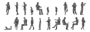 Vektör siluetleri, insanların ana hatları, Contour çizimleri, insanların siluetleri, ikon kümesi izole edilmiş, oturan insanların silueti, mimari set