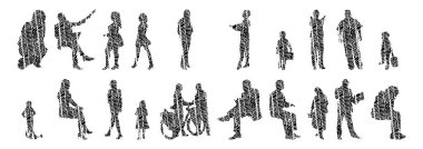 Vektör siluetleri, insanların ana hatları, Contour çizimleri, insanların siluetleri, ikon kümesi izole edilmiş, oturan insanların silueti, mimari set