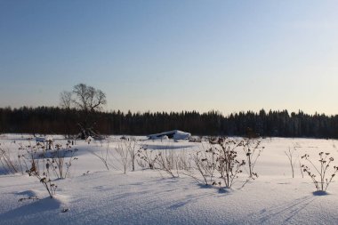 Kış manzarasının arka planında eski bir köy