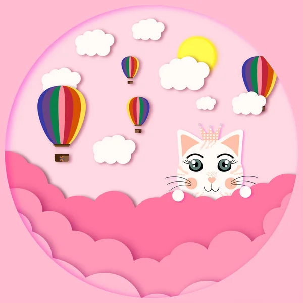 Niedliche Katze Den Wolken Mit Luftballons — Stockvektor