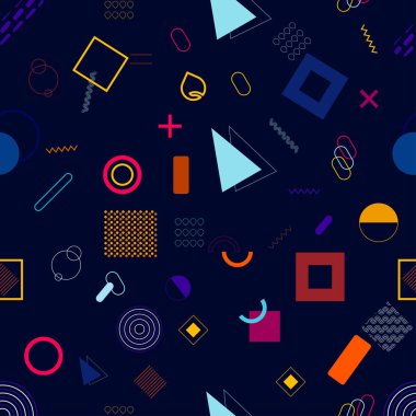 Retro geometrik elementlerle Memphis tasarımı. Broşürler, arka planlar, web tasarımı için kullanılabilir. Retro funky grafik, 90 'ların eğilimleri tasarımlar ve klasik yazdırma ögesi koleksiyonu