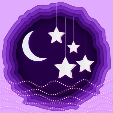 Ay ve yıldızlar katmanlı kağıt kesim tarzında. 3 boyutlu gece temalı resimlemeyi kes.