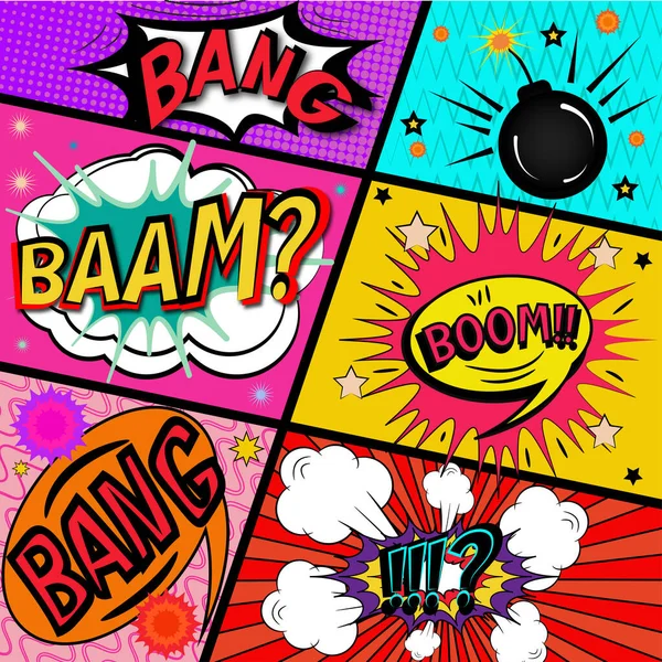 Set Effetti Sonori Pop Art Fumetti Pacchetto Palloncini Discorso Pop — Vettoriale Stock