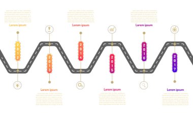 zig zag yolu yol haritası zaman çizelgesi elemanları işaretli grafik ile arama teçhizatı hedef simgelerini düşünün. Vektör illüstrasyon eps10