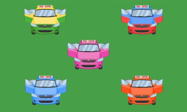 Tayland taksisi araba ön arka manzara açık kapı taşımacılık servis aracı sarı-yeşil-mavi-turuncu-kırmızı çizim