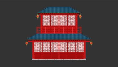 Güzel Çin evi mavi tonlu çatı minimal stil. Mutlu Çin yeni yılı. tatil kategorisi. Vektör çizer eps10