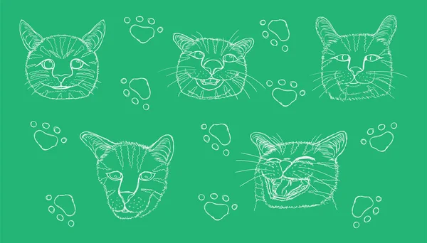 Línea Bosquejo Diferentes Elemento Lindo Gato Cabeza Huella Ilustración Vectorial — Vector de stock