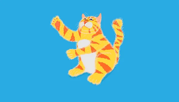 Kedi kafasının üzerinden bir şeye dokunmaya ve pastel mavi arka planda oturmaya çalışıyor. Vektör illüstrasyon eps10