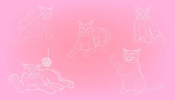 Değişik aksiyon unsurlarının çizgi çizimi şirin kedi. Vektör illüstrasyon eps10