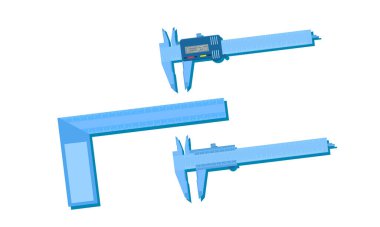 Vernier Kaliper metre ve silah cetvel ölçme aracı ekipman mavi tonu vektör çizim eps10 ölçek