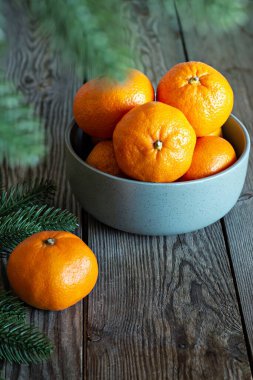 Tahta zemin üzerinde köknar dalları olan taze mandallı portakal veya turunçgil meyveli kase.