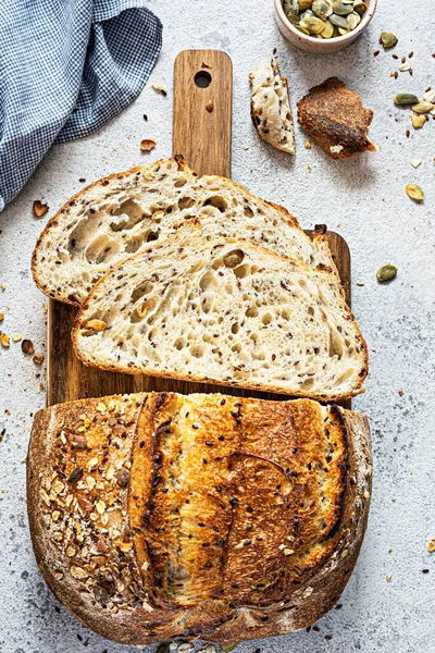 Свіжий Домашній Хліб Зріз Цільного Зернового Борошна Додаванням Висівок Насіння Стокове Зображення